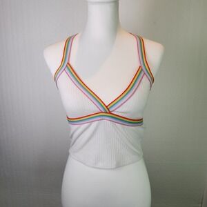 Forever 21 Rainbow Pride Crop Tank Top White Ribbed V-Neck Cross Back Medium